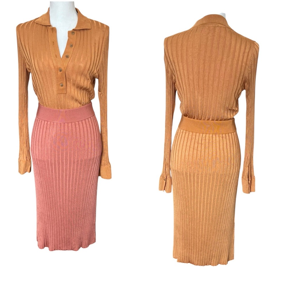 PARTOW Ribbed Knit Polo Shirt Set Brown Pink XS Made‎ in Italy